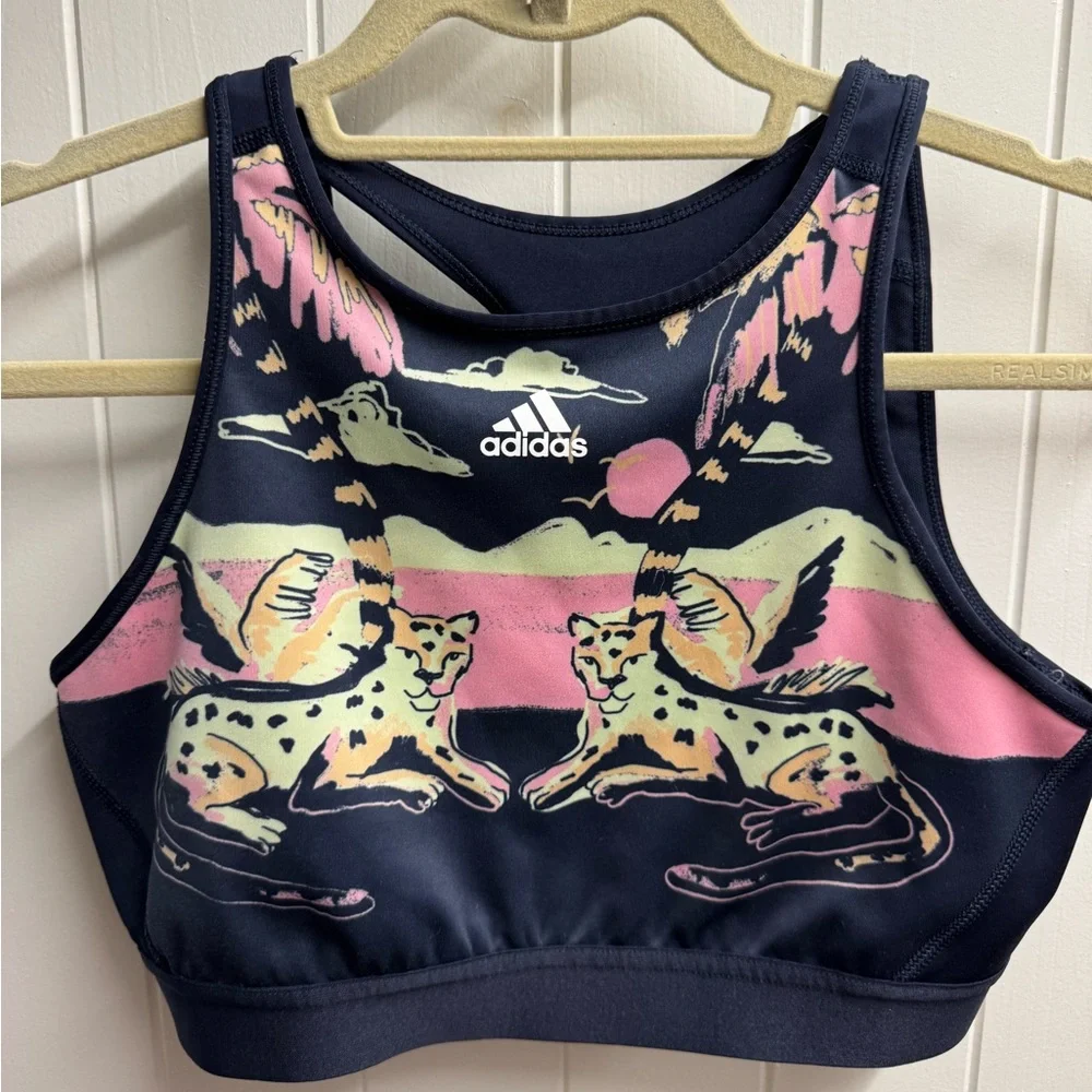 Adidas x FARM RIO Navy Sports Bra with Leopard Print - Picture 1 of 2